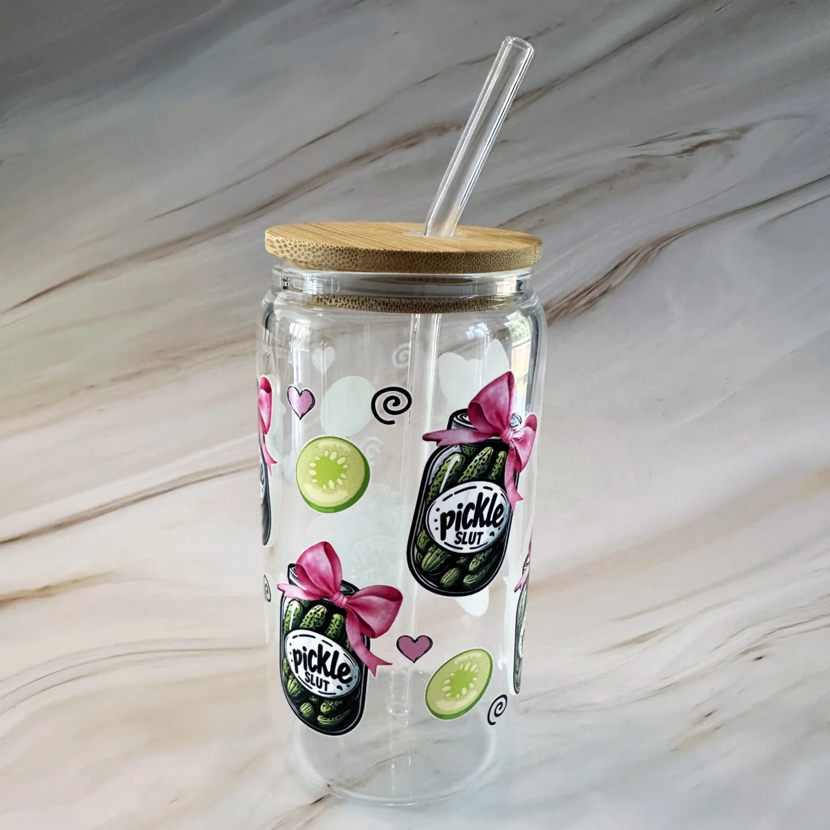 Verre imprimé Pickle Slut avec paille et couvercle